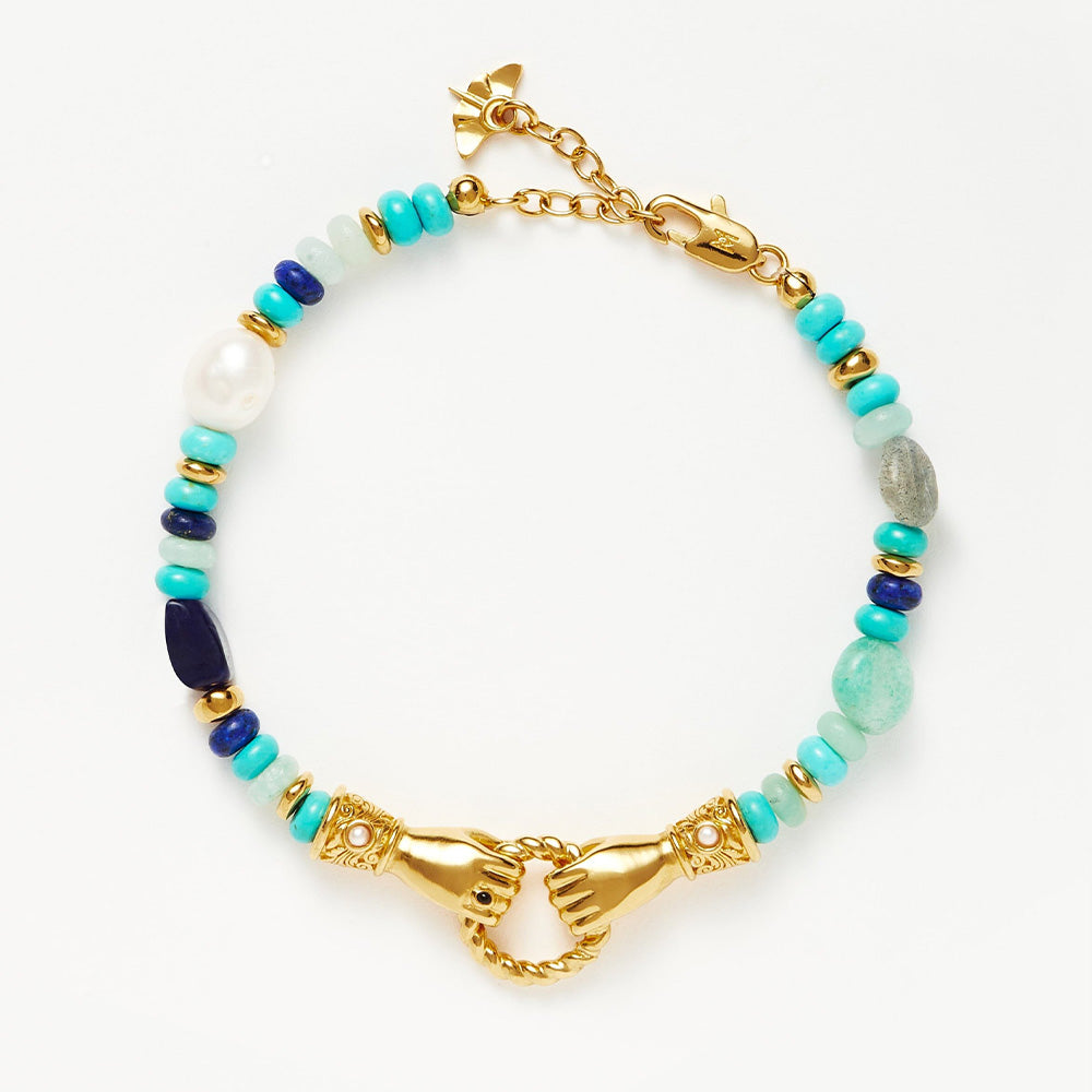 Harmony Hands Gemstone Bracelet | 18ct Gold Plated/Turquoise, Lapis & Pearl